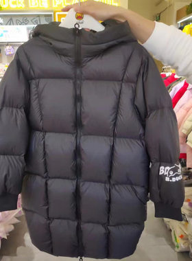 B.DUCK小黄鸭正品连帽中长款羽绒服灰色量感暖核外套