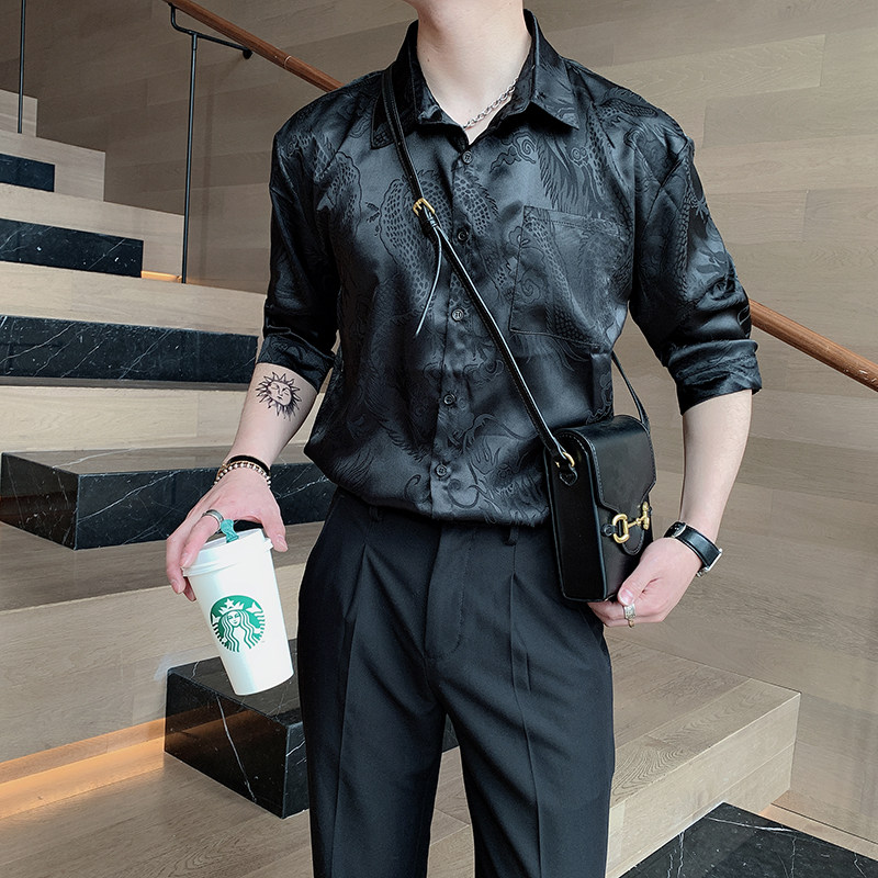夏季in新品丝绸复古龙纹刺绣衬衫男修身中袖花衬衣A369-CS282,男装衬衫,电商B267