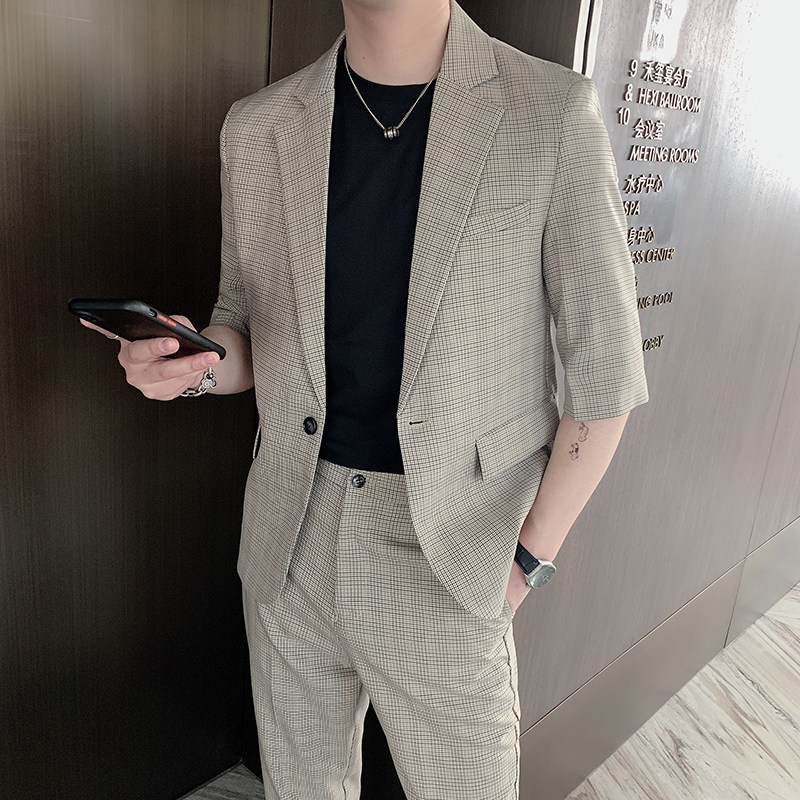 中袖西服套装男夏季修身千鸟格休闲西装两件套西装套装TZ62,男装西服套装,电商B267
