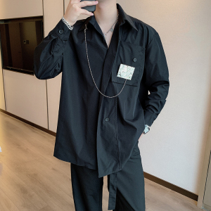 秋季红高级感小众长袖衬衫男金属装饰链条衬衣男CS633