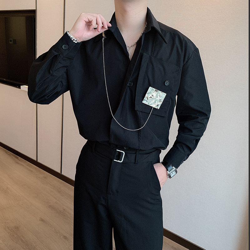 秋季红高级感小众长袖衬衫男金属装饰链条衬衣男CS633,男装衬衫,电商B267