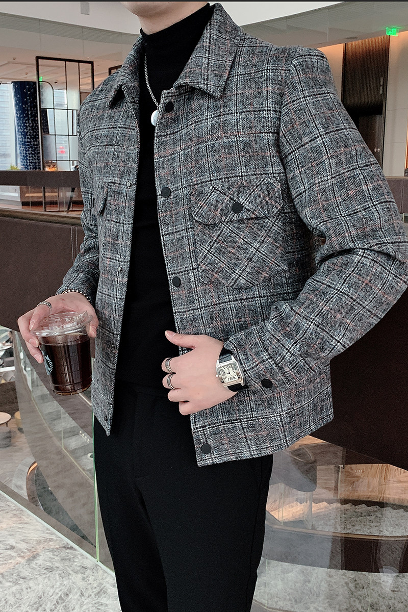 ins秋冬季格子呢料外套男韩版修身大衣短款夹克A369-8002,男装毛呢大衣,电商B267