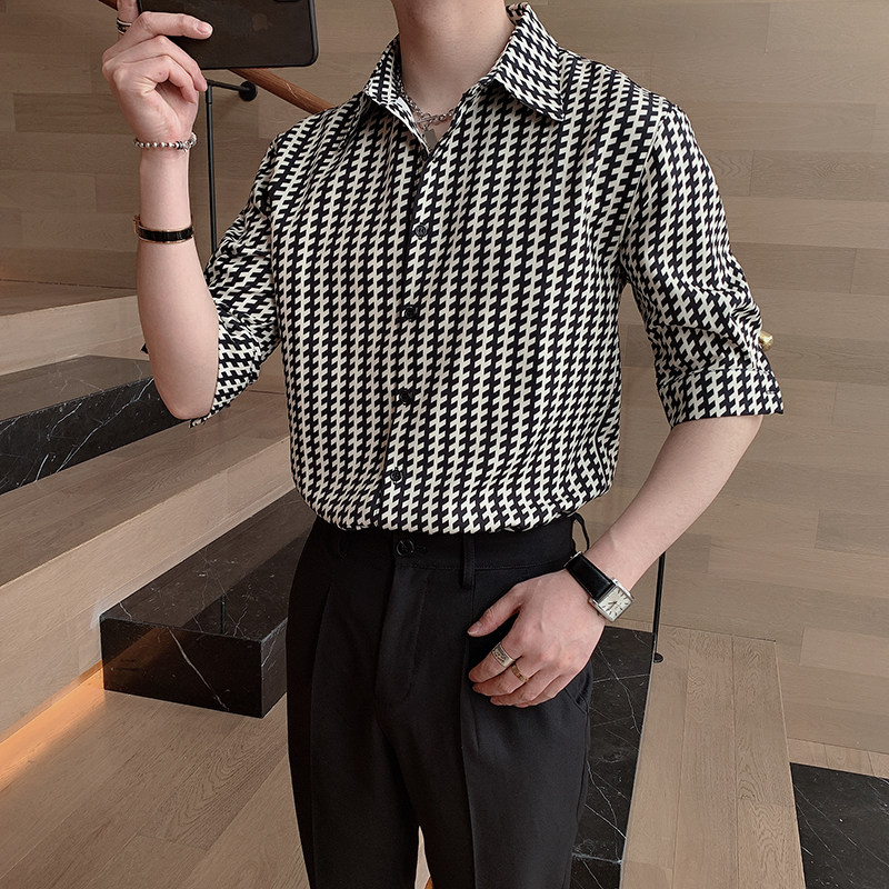 夏季ins潮牌微松设计感条纹格子高级感中袖衬衫男A369-CS283,男装衬衫,电商B267