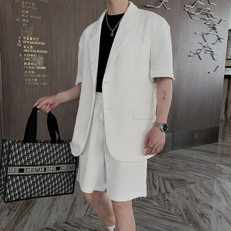夏季韩版宽松网红休闲华夫格短袖西服男纯色套装 B267-TZ112-P145图片