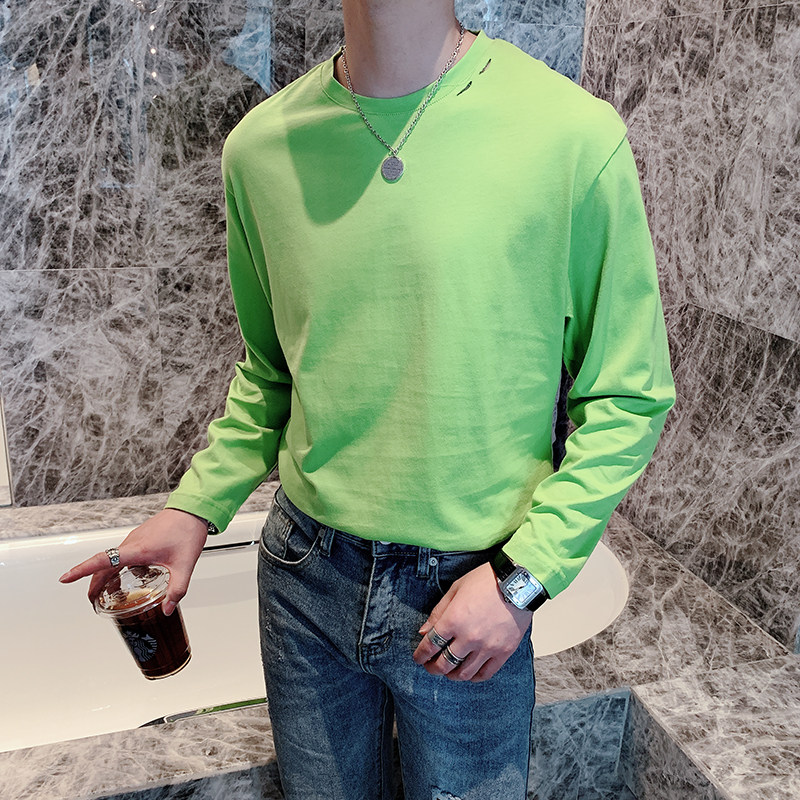 纯色T恤男潮上衣牌ins宽松潮流破洞长袖t恤A369-T,男装T恤,电商B267
