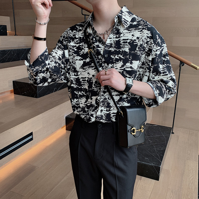 夏季韩版高级感花衬衣网红痞帅潮流七分袖衬衫男潮A369-CS285,男装衬衫,电商B267