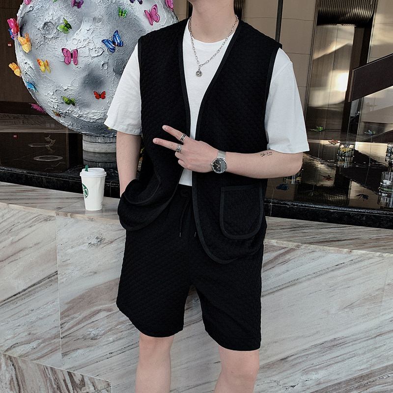 夏季韩版网红抖音男士华夫格马甲短裤套装背心发型师TZ113,男装休闲套装,电商B267