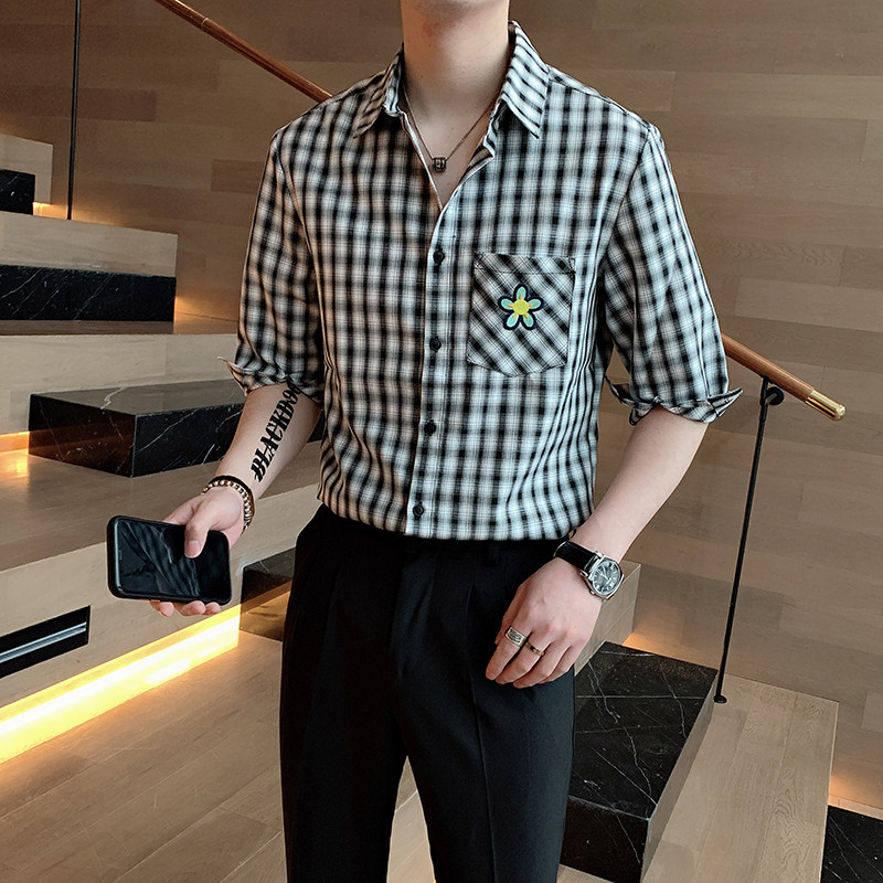 潮男格子衬衫英伦休闲贴花格子中袖七分袖衬衣男A369-CS287,男装衬衫,电商B267
