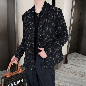 秋冬红韩版编织小香风毛边西装外套男休闲宽松潮XZ027图片