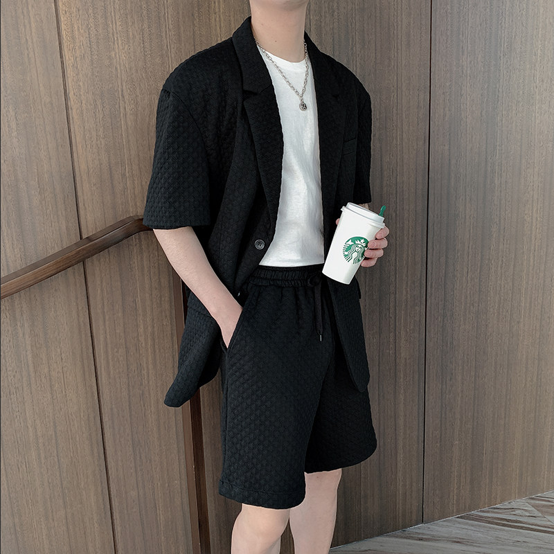 夏季韩版宽松网红休闲华夫格短袖西服男纯色套装B267-TZ112-P145,男装西服套装,电商B267