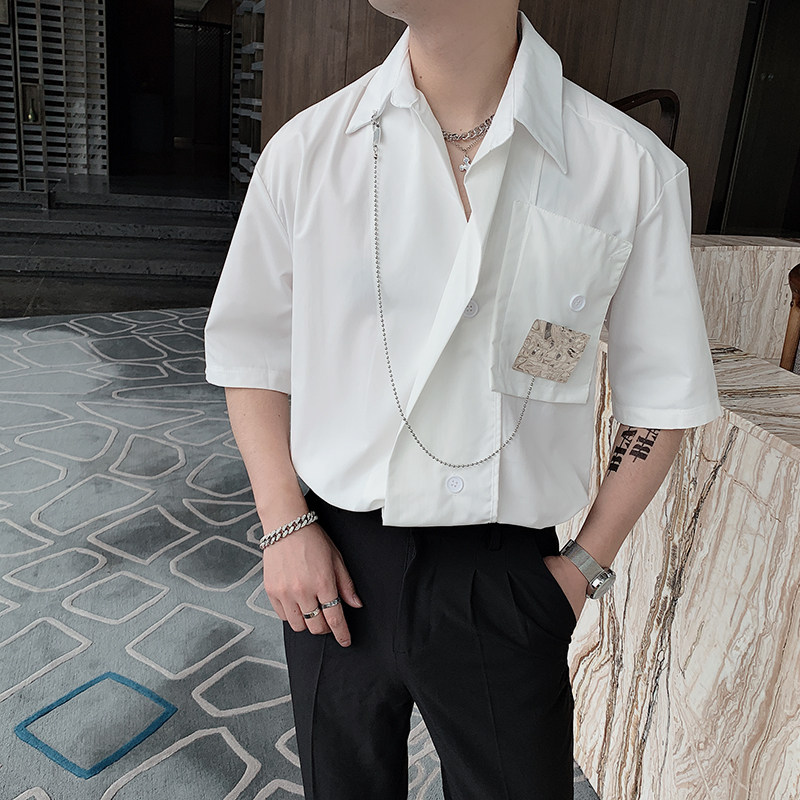 夏季红高级感小众短袖衬衫男金属装饰设计衬衣男CS293,男装衬衫,电商B267