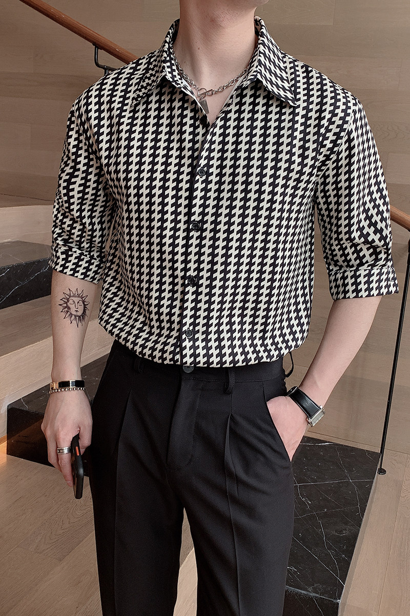 夏季ins潮牌微松设计感条纹格子高级感中袖衬衫男A369-CS283,男装衬衫,电商B267