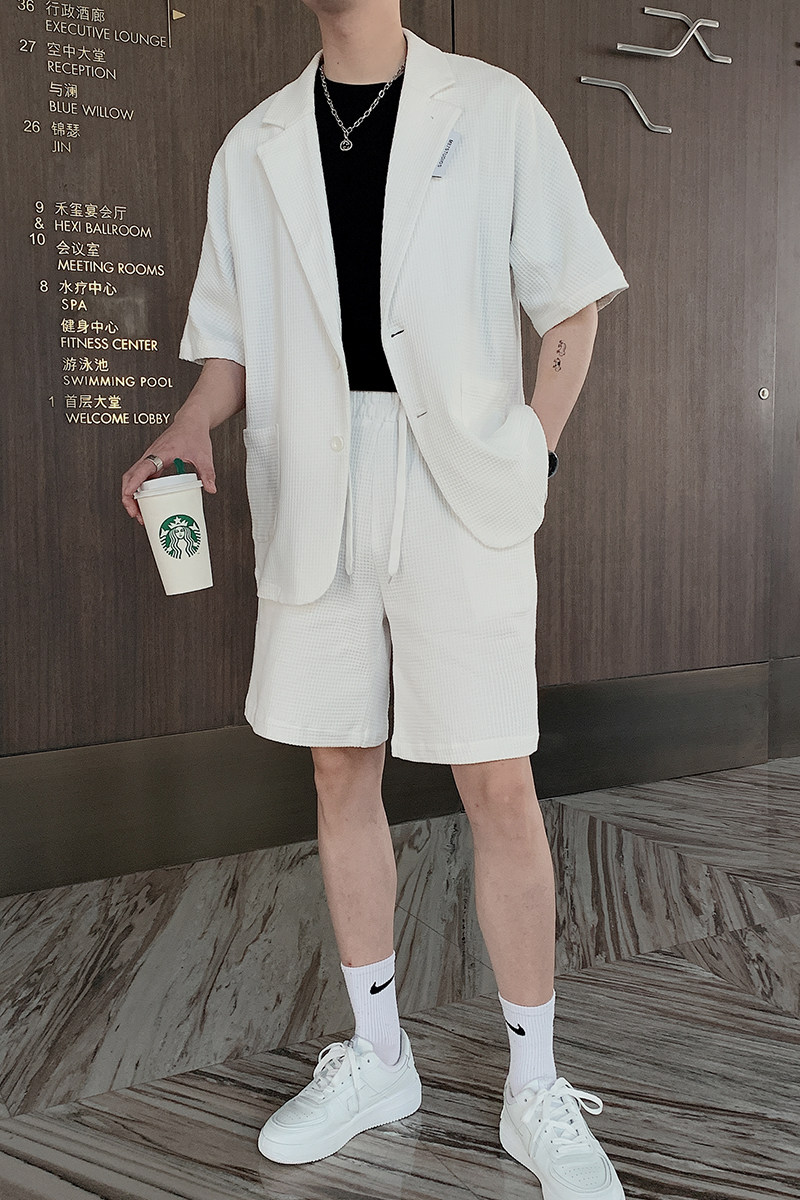 夏季韩版宽松网红休闲华夫格短袖西服男纯色套装B267-TZ109,男装西服套装,电商B267