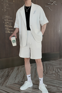 夏季韩版宽松网红休闲华夫格短袖西服男纯色套装 B267-TZ109图片