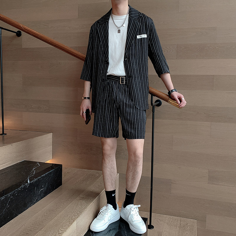 夏季韩版男士痞帅潮流宽松条纹短袖西服短裤套装A369-TZ006,男装西服套装,电商B267