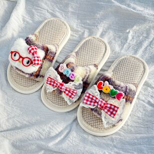 HelloKitty儿童春秋亚麻拖鞋女童卡通可爱居家防滑小女孩四季棉麻
