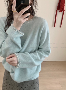 Fanny of Fun甜美温柔圆领冬款重工云朵钉珠套头宽松毛衣针织衫