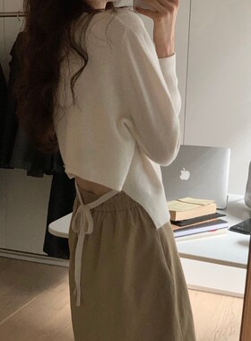 早春纯欲韩版简约百搭设计感后背露腰系带针织羊毛开衫女