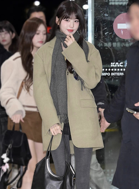 Fanny of Fun豆沙绿色中长款毛呢西装羽绒外套女韩系高级感大衣