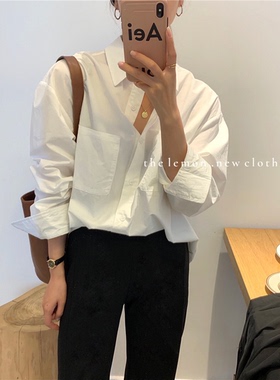 春夏新品韩版纯色简约通勤百搭职场OL挺阔衬衣宽松衬衫棉