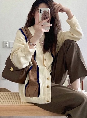 春季V领时尚韩系学妹复古学院风保暖毛衣针织开衫外套港风