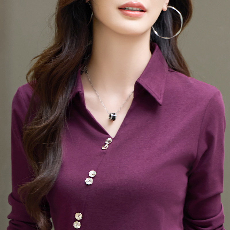 高级感翻领纯色长袖t恤女大码休闲打底衫纽扣不规则开叉显瘦上衣