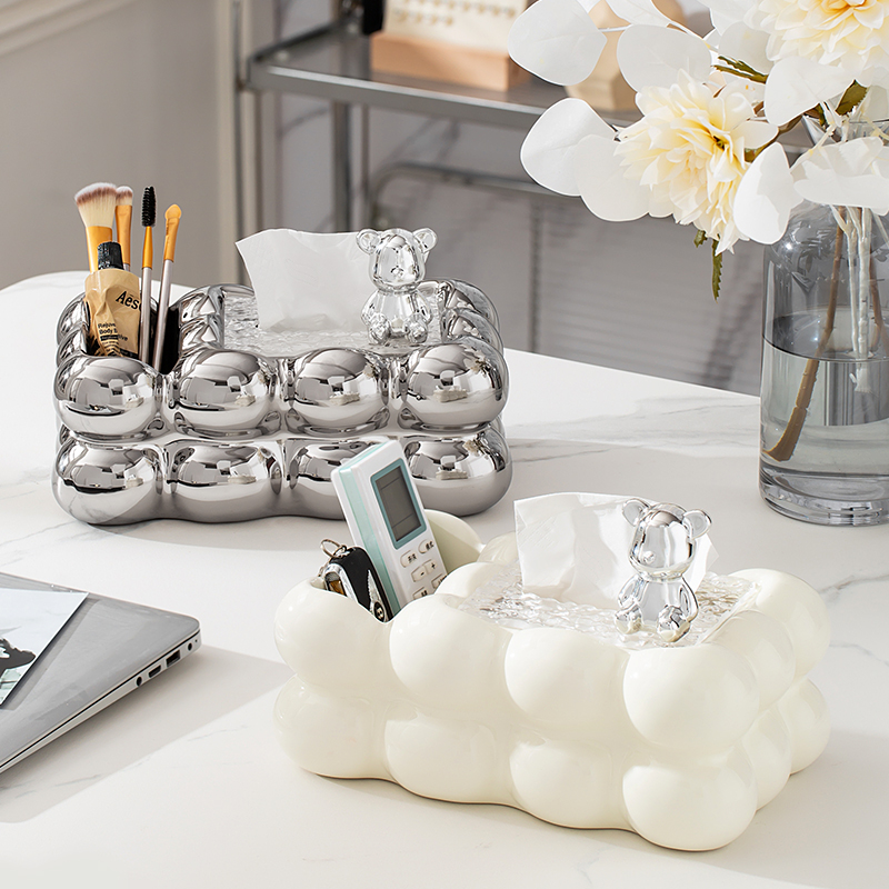 奶油风陶纸巾盒带收纳盒一体