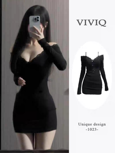 小众设计感修身 新款 掐腰包臀短裙子 连衣裙女秋季 纯欲性感蕾丝长袖