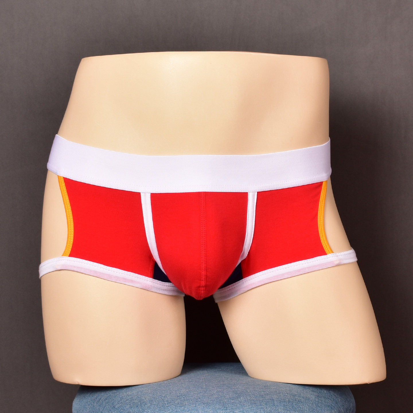 希宾男士纯棉时尚大镂空平角裤低腰单层囊袋后露臀青年个性四角裤