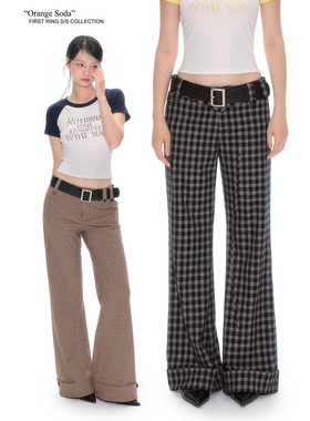 First Ring 棕色格纹/黑色格纹低腰微喇西裤女显瘦格子休闲喇叭裤