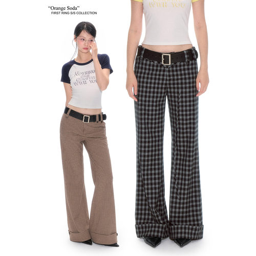 First Ring 棕色格纹/黑色格纹低腰微喇西裤女显瘦格子休闲喇叭裤