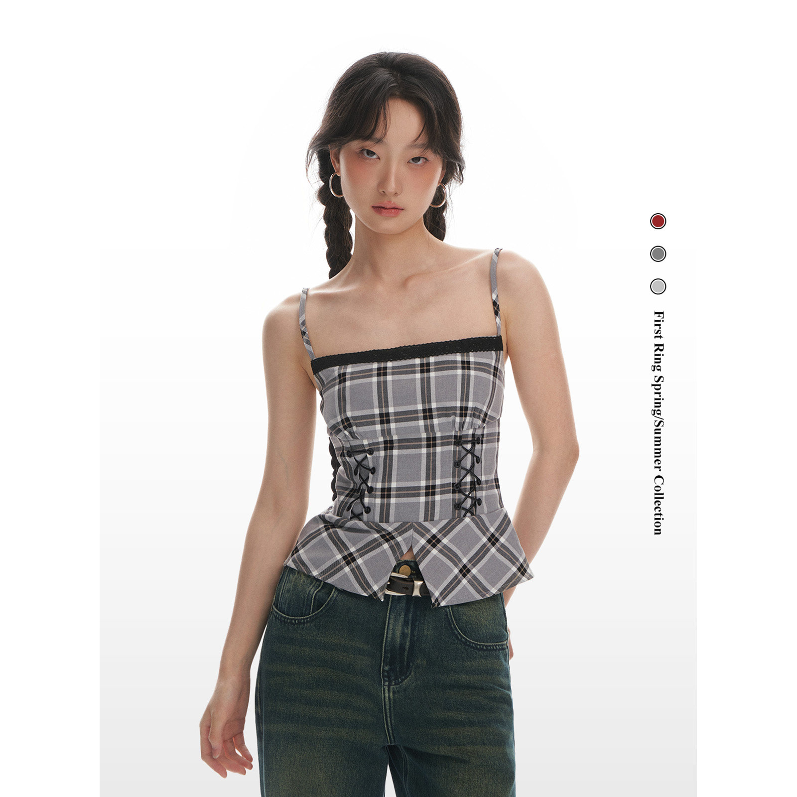First Ring 浅灰格纹 辣妹吊带背心女显瘦上衣夏季图片