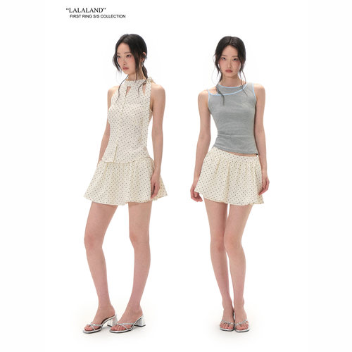 First Ring 白底黑波点低腰A字版型半身裙女显瘦短裙 防走光裤衬