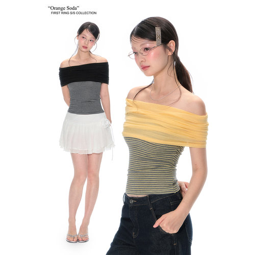 First Ring 黄色/黑色一字肩褶皱条纹修身T恤女显瘦露肩撞色上衣