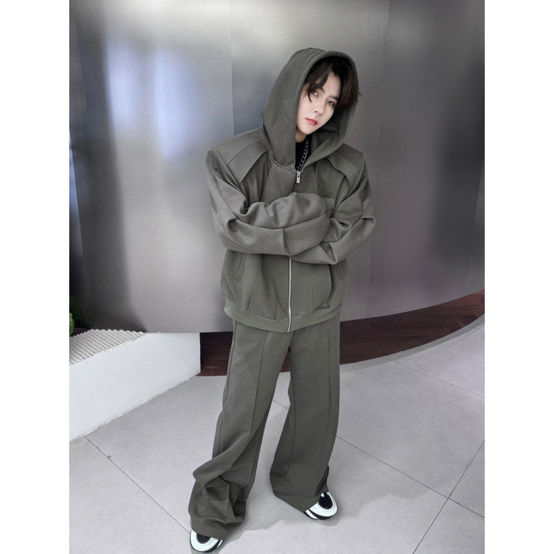 봄 틈새 구조 스플 라이스 후드 가디건 스웨트 셔츠 정장 남성 디자인 와이드 레그 바지 고급 투피스 트렌디 세트