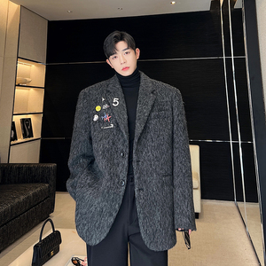 冬装复古加厚烟灰色羊毛呢西装男小众DIY胸针设计感韩版廓形西服