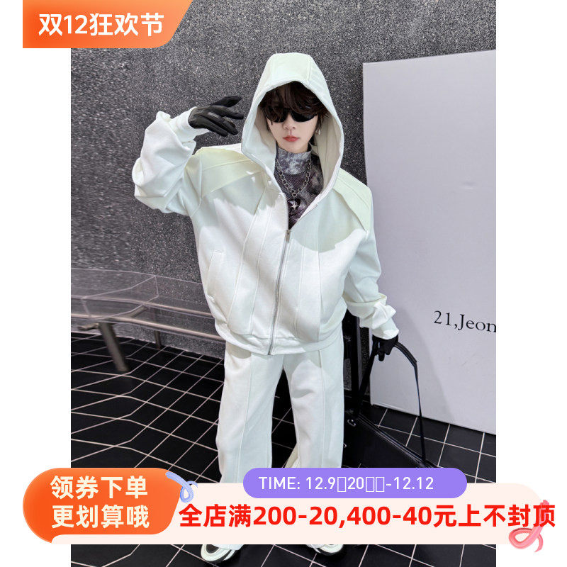 봄 틈새 구조 스플 라이스 후드 가디건 스웨트 셔츠 정장 남성 디자인 와이드 레그 바지 고급 투피스 트렌디 세트