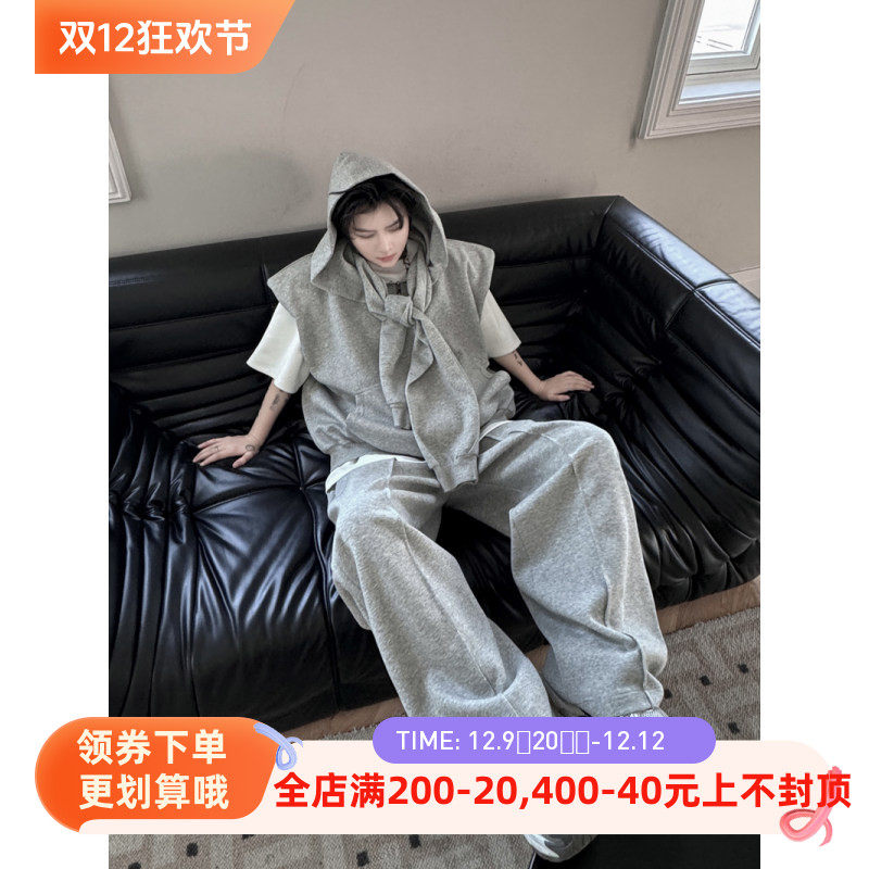 여름 한국 복고풍 가짜 투피스 디자인 후드 어깨 패드 조끼 정장 남성 캐주얼 스포츠 바지 투피스 세트