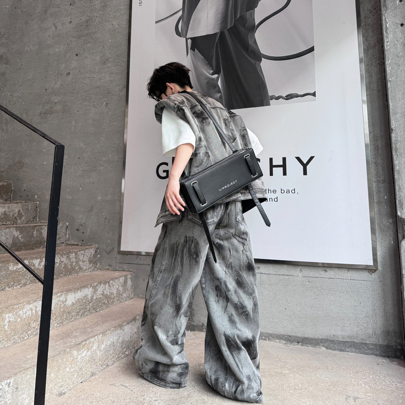 한국 복고풍 손으로 그린 ????어깨 패드 데님 조끼 정장 남자 디자인 넓은 다리 바지 거리 투피스 세트