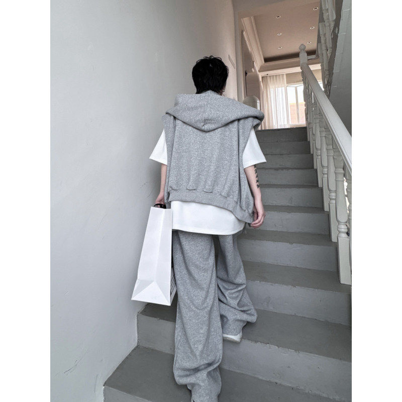 여름 한국 복고풍 가짜 투피스 디자인 후드 어깨 패드 조끼 정장 남성 캐주얼 스포츠 바지 투피스 세트