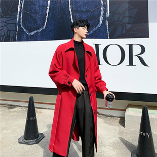 韩国复古气质红色风衣男过膝ins宽松时髦系带长款 秋季 大衣外套潮
