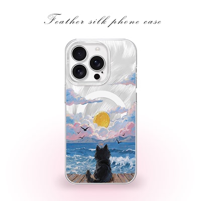 海边落日猫咪适用于iPhone17pro/16promax手机壳华为mete80一加13磁吸vivoS30羽纱红米K80小米17OPPO