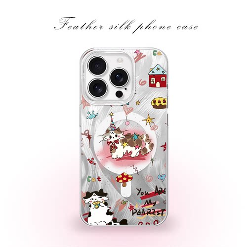 派对卡通小猫用于iPhone17pro/16promax手机壳华为mete80一加13磁吸vivoS30羽纱红米K80小米17OPPO