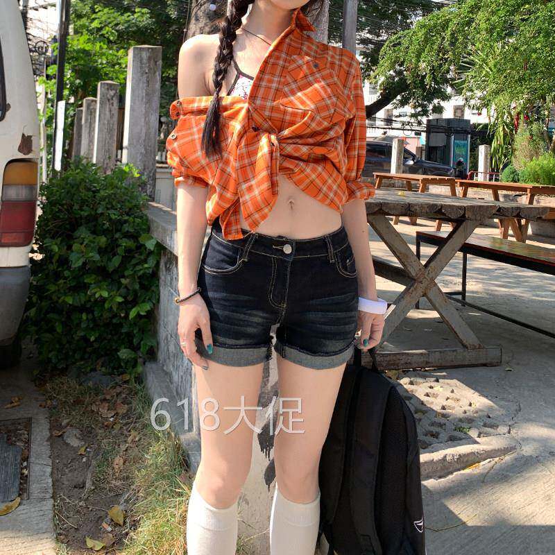 DTFT美式辣妹性感超短热裤女卷边黑色百搭修身显瘦小个子牛仔短裤