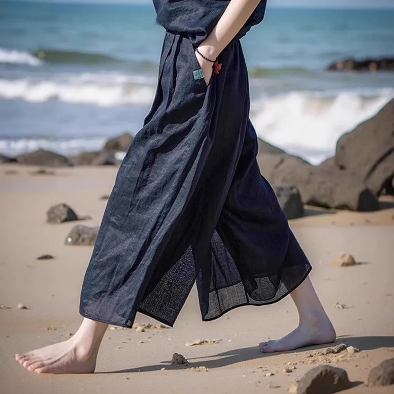 黑色薄款亚麻裙裤女2026秋季新款文艺复古宽松显瘦百搭轻薄八分裤