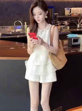 衣服女款春季2026夏季新款短裤时尚蕾丝套装女气质两件套绝美镂空