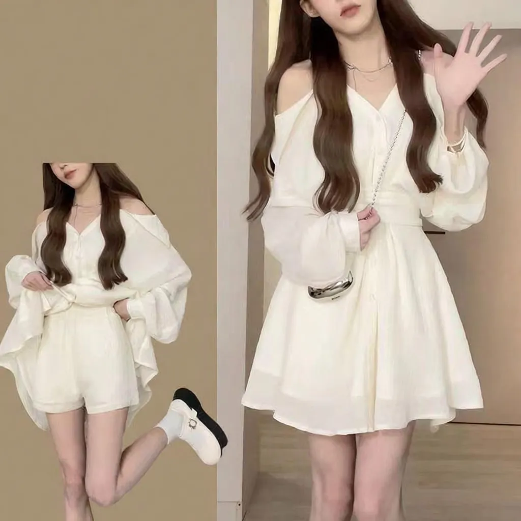 春季温柔系穿搭女新款韩版设计感露肩显瘦上衣百搭短裤两件套