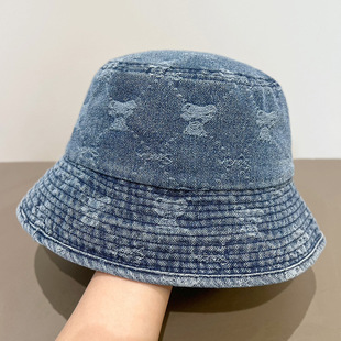 复古做旧水洗小熊印花盆帽女乞丐牛仔布铁锈风显脸小水桶渔夫帽男