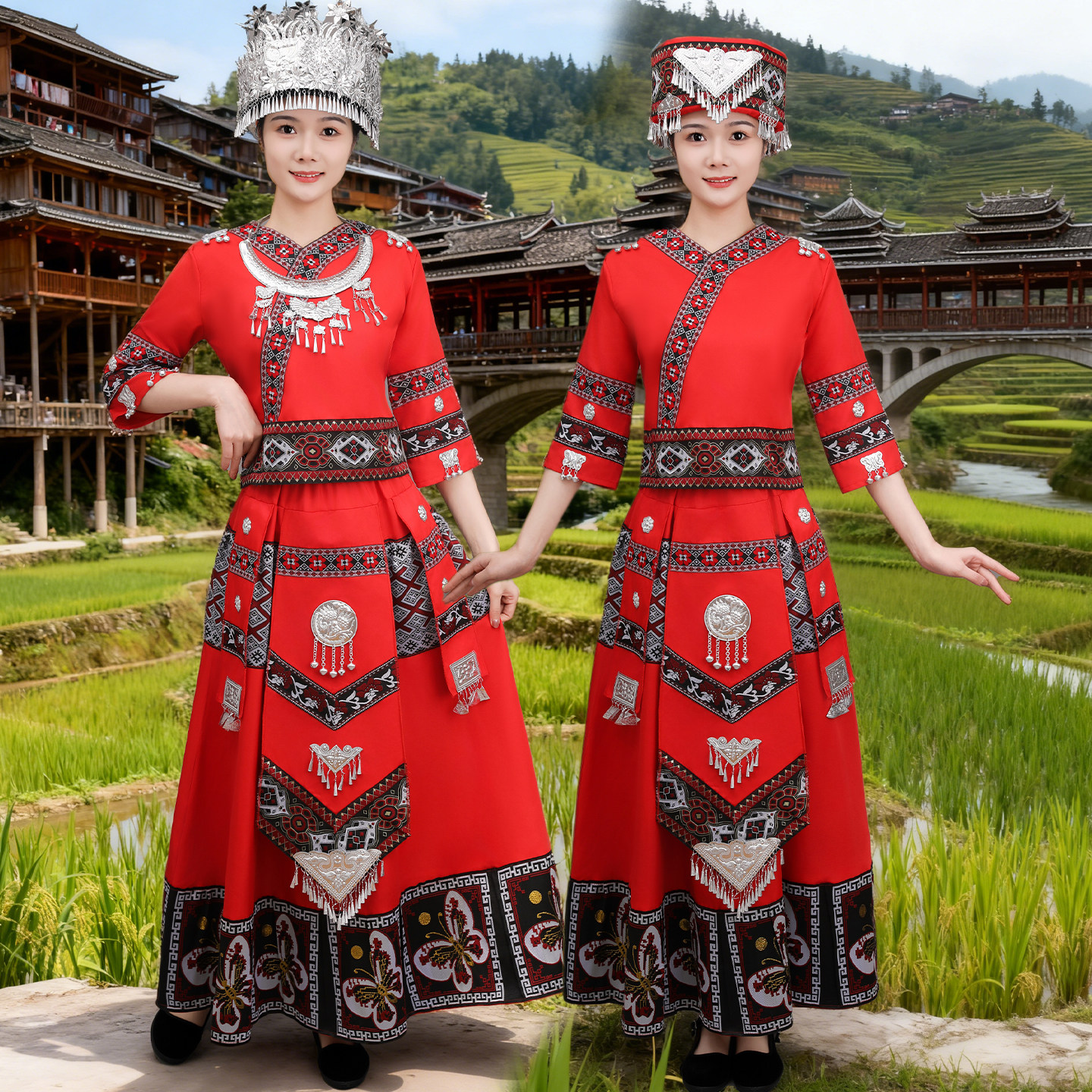 苗族服装贵州少数民族苗寨女长裙民族服装/舞台装
