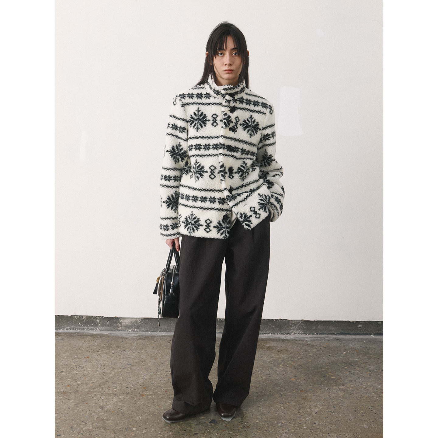 Funnel in复古费尔岛提花羊羔毛摇粒绒外套女秋冬宽松慵懒风上衣